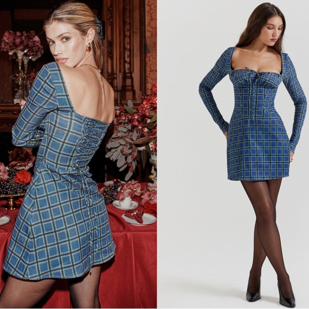HOUSE OF CB 'Malika' Blue Tartan Corset Mini Dress NWOT